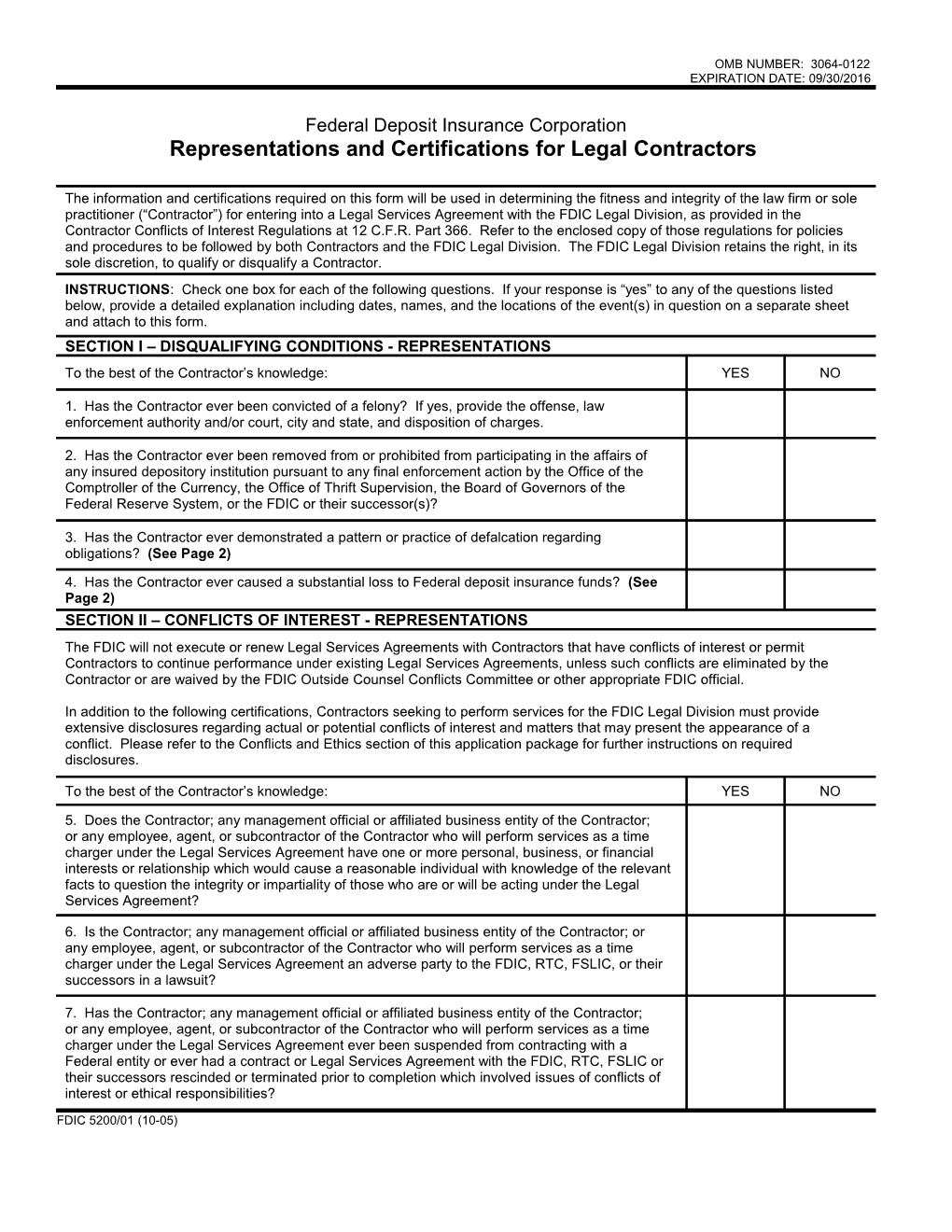 FDIC 5200/01, Representations and Certifications Qualifications of Applicants