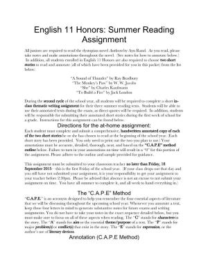English 11 Honors: Summer Reading Assignment