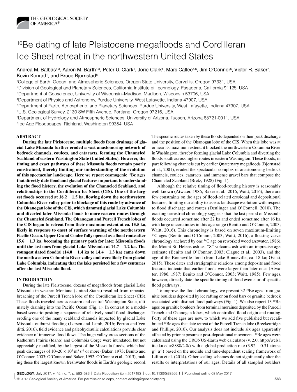 10Be Dating of Late Pleistocene Megafloods and Cordilleran Ice Sheet Retreat in the Northwestern United States