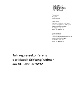 Jahrespressekonferenz Der Klassik Stiftung Weimar Am 19. Februar 2020