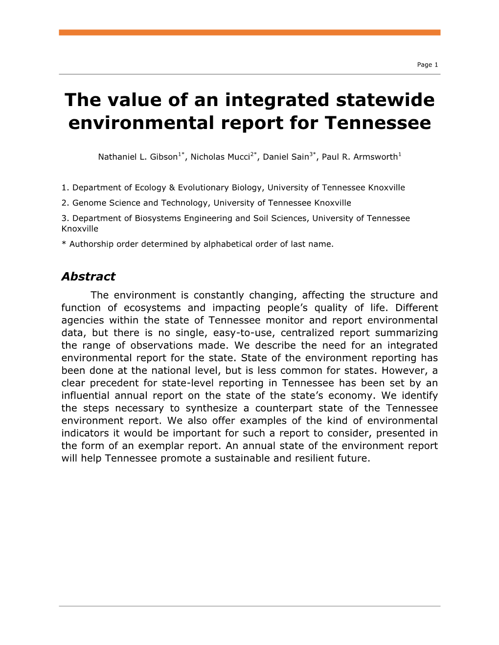 The Value of an Integrated Statewide Environmental Report for Tennessee