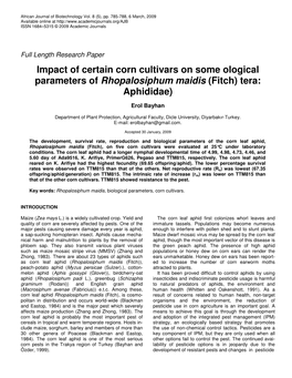 Impact of Certain Corn Cultivars on Some Ological Parameters of Rhopalosiphum Maidis (Fitch) Tera: Aphididae)