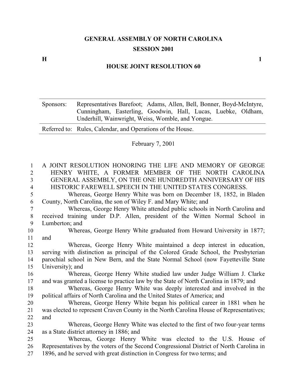 General Assembly of North Carolina Session 2001 H 1 House Joint Resolution 60