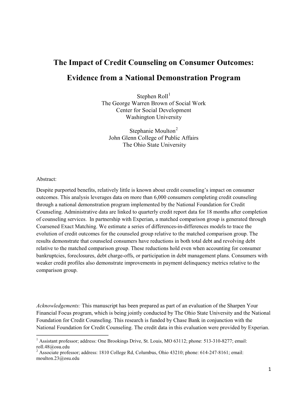 The Impact of Credit Counseling on Consumer Outcomes: Evidence from a National Demonstration Program