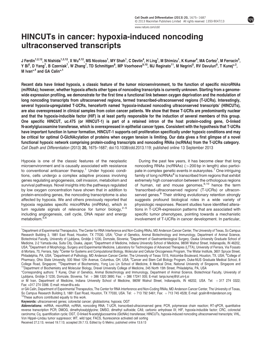 Hincuts in Cancer: Hypoxia-Induced Noncoding Ultraconserved Transcripts