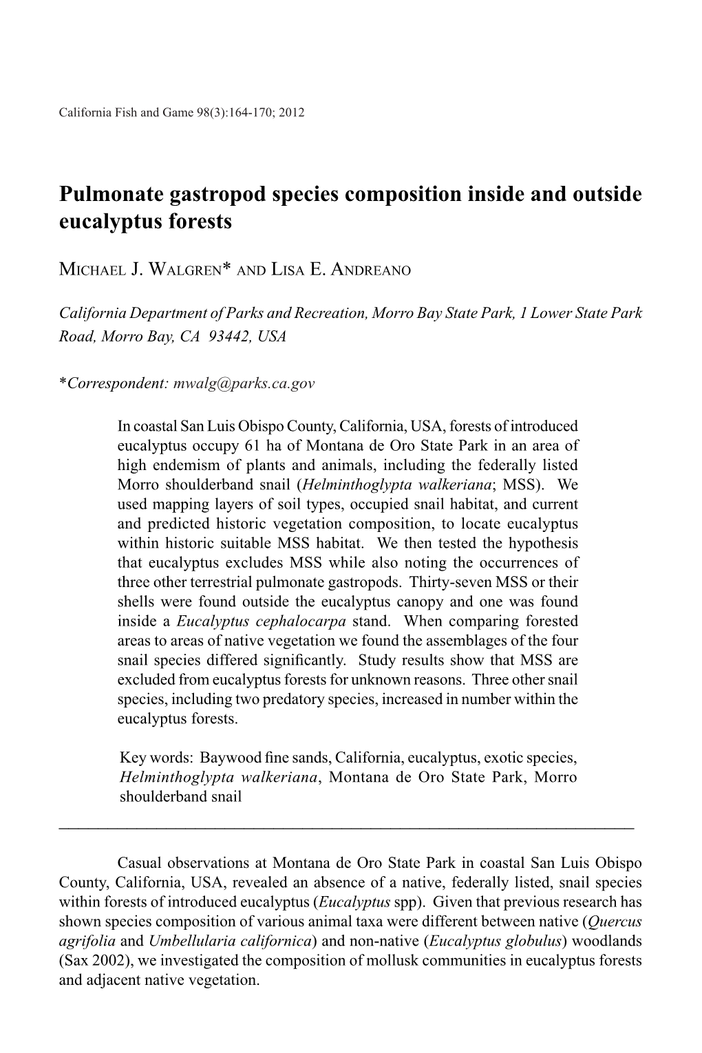 Pulmonate Gastropod Species Composition Inside and Outside Eucalyptus Forests