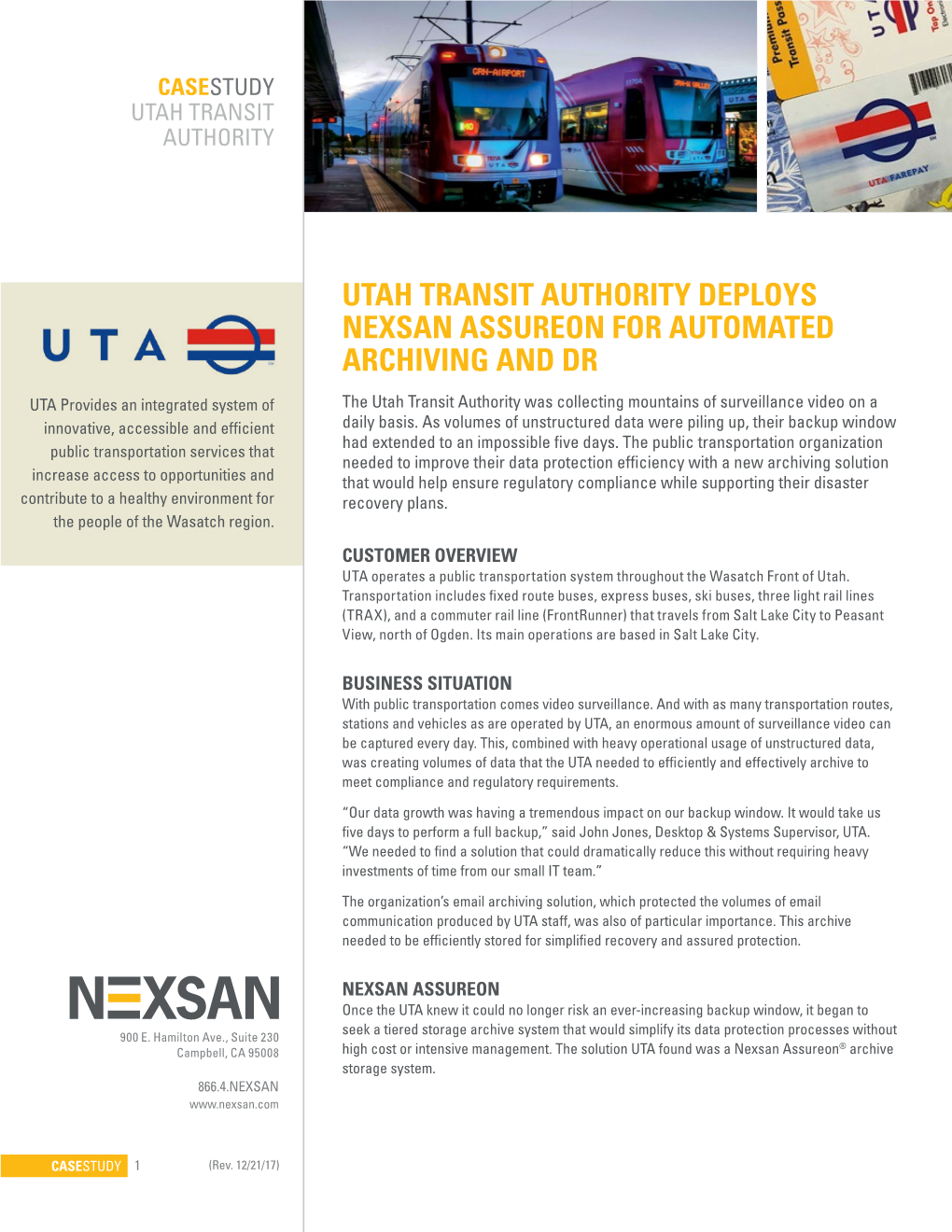 Utah Transit Authority Deploys Nexsan Assureon for Automated Archiving and Dr