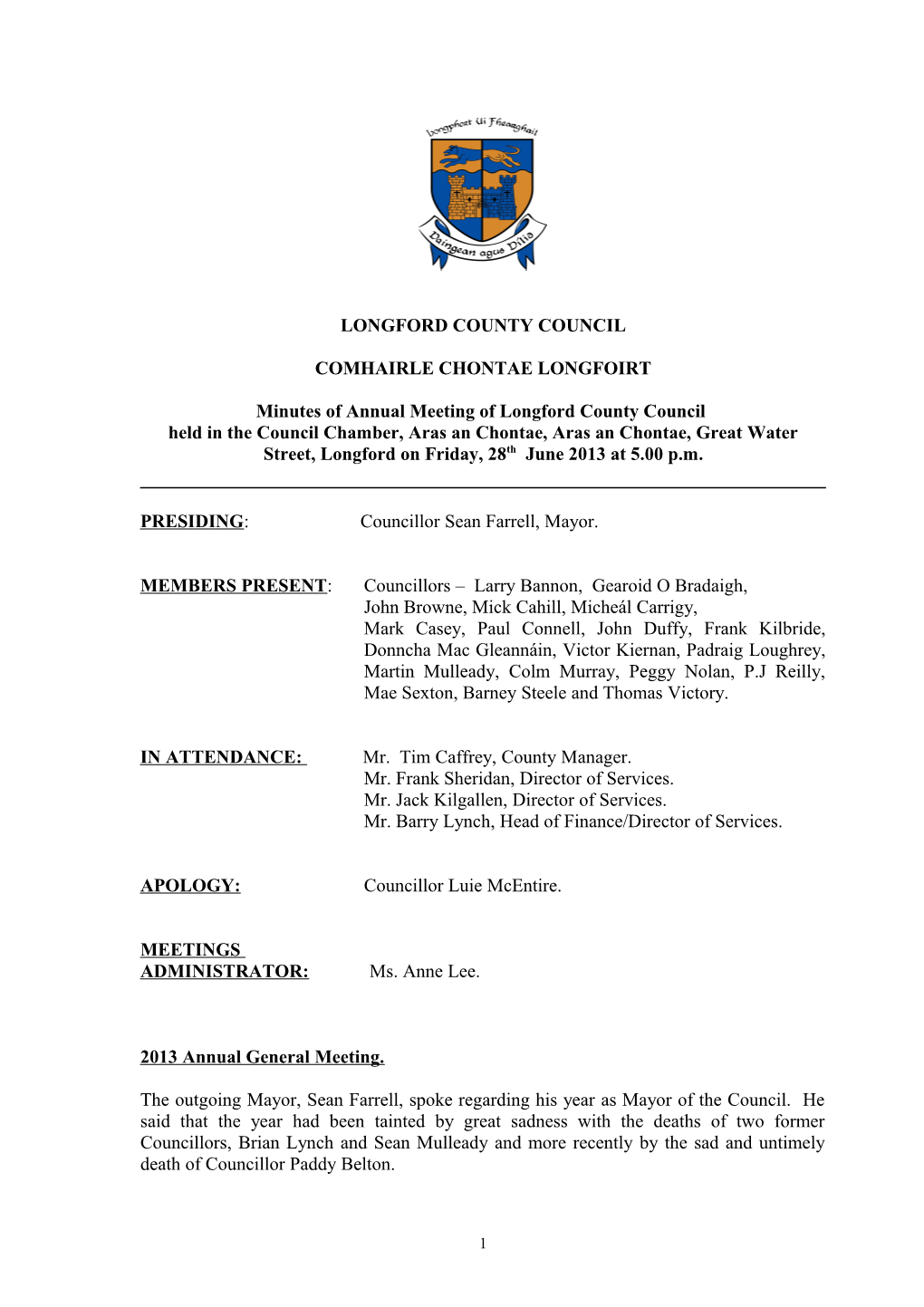 Minutes of Annual Meeting of Longford County Council