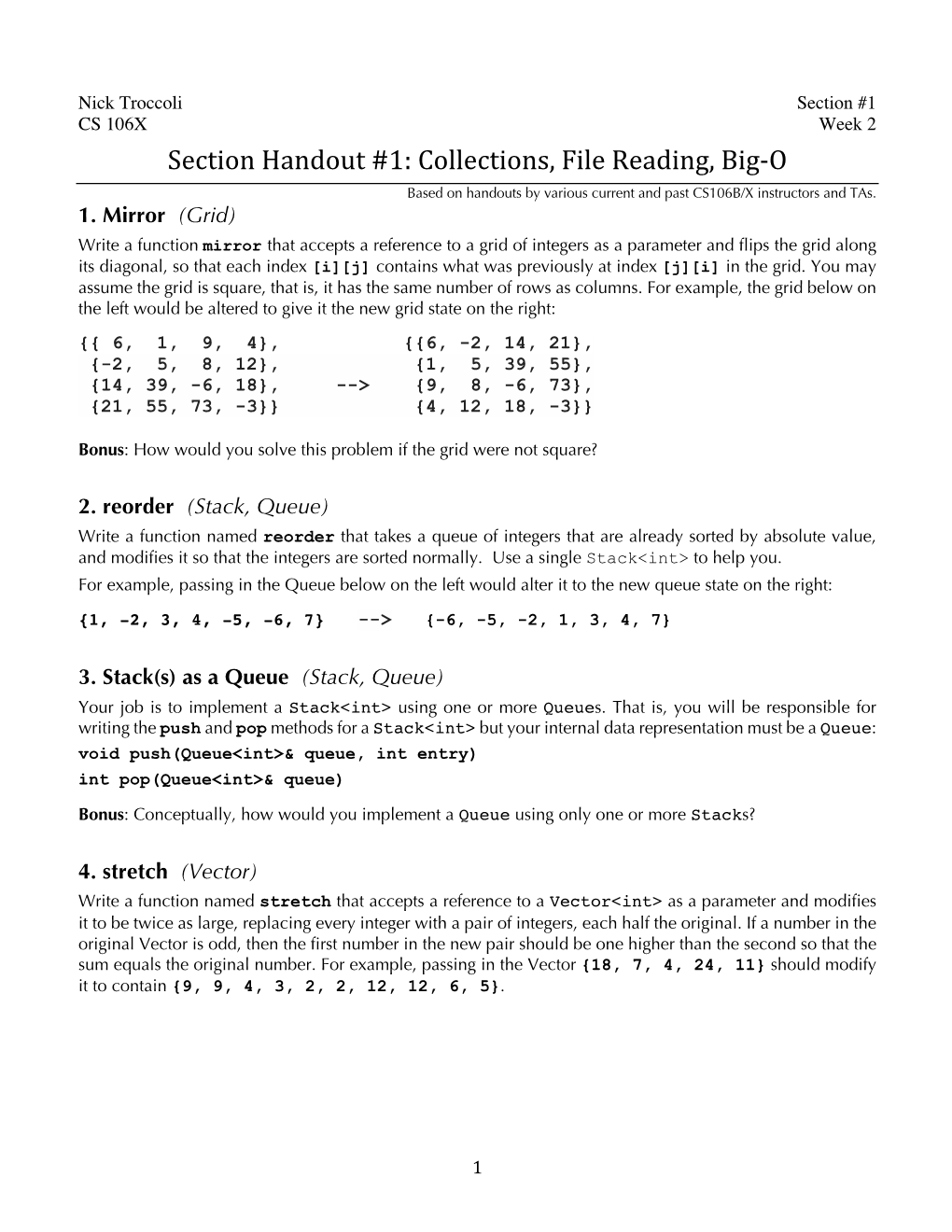 Section Handout #1: Collections, File Reading, Big-O Based on Handouts by Various Current and Past CS106B/X Instructors and Tas