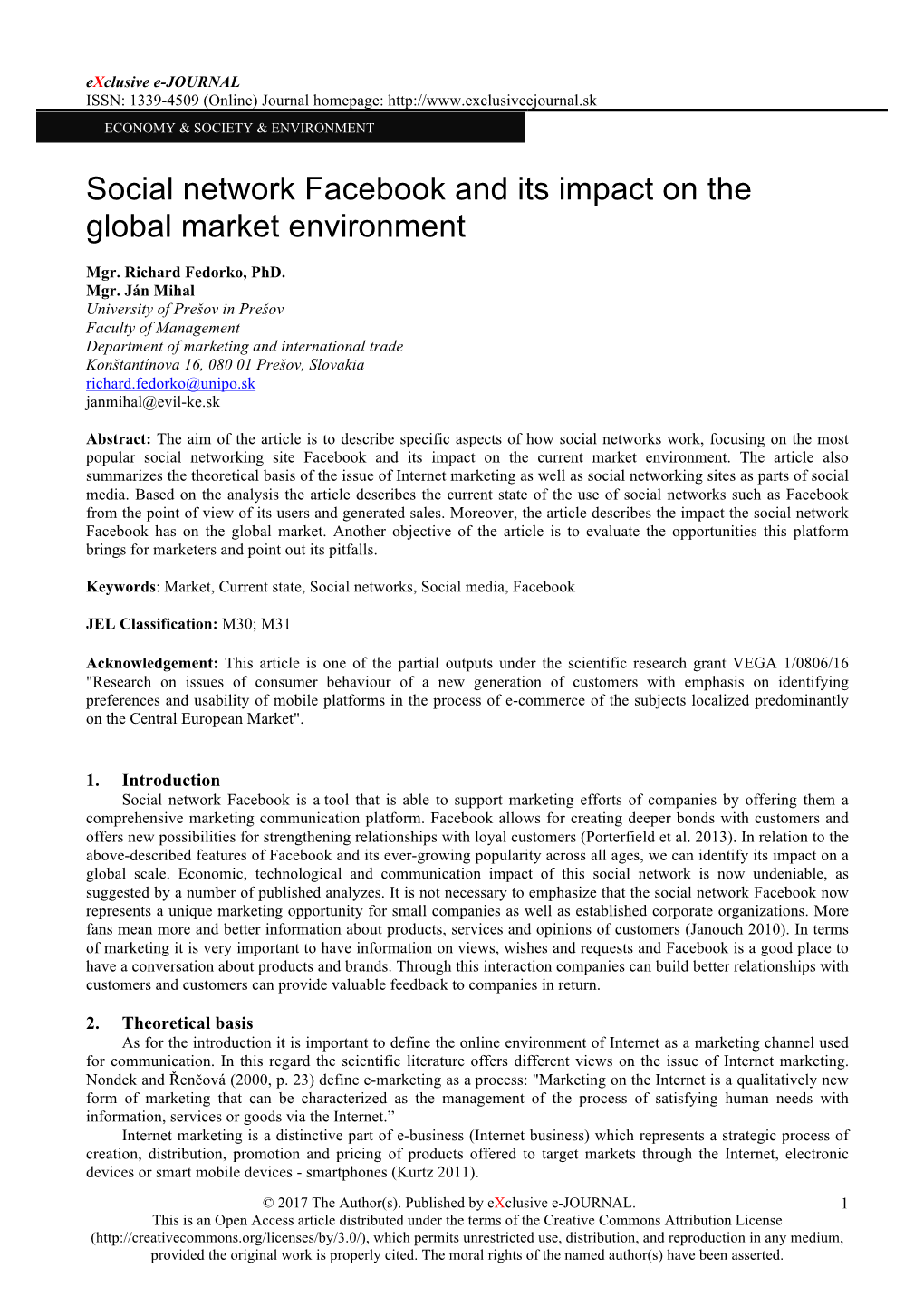 Social Network Facebook and Its Impact on the Global Market Environment