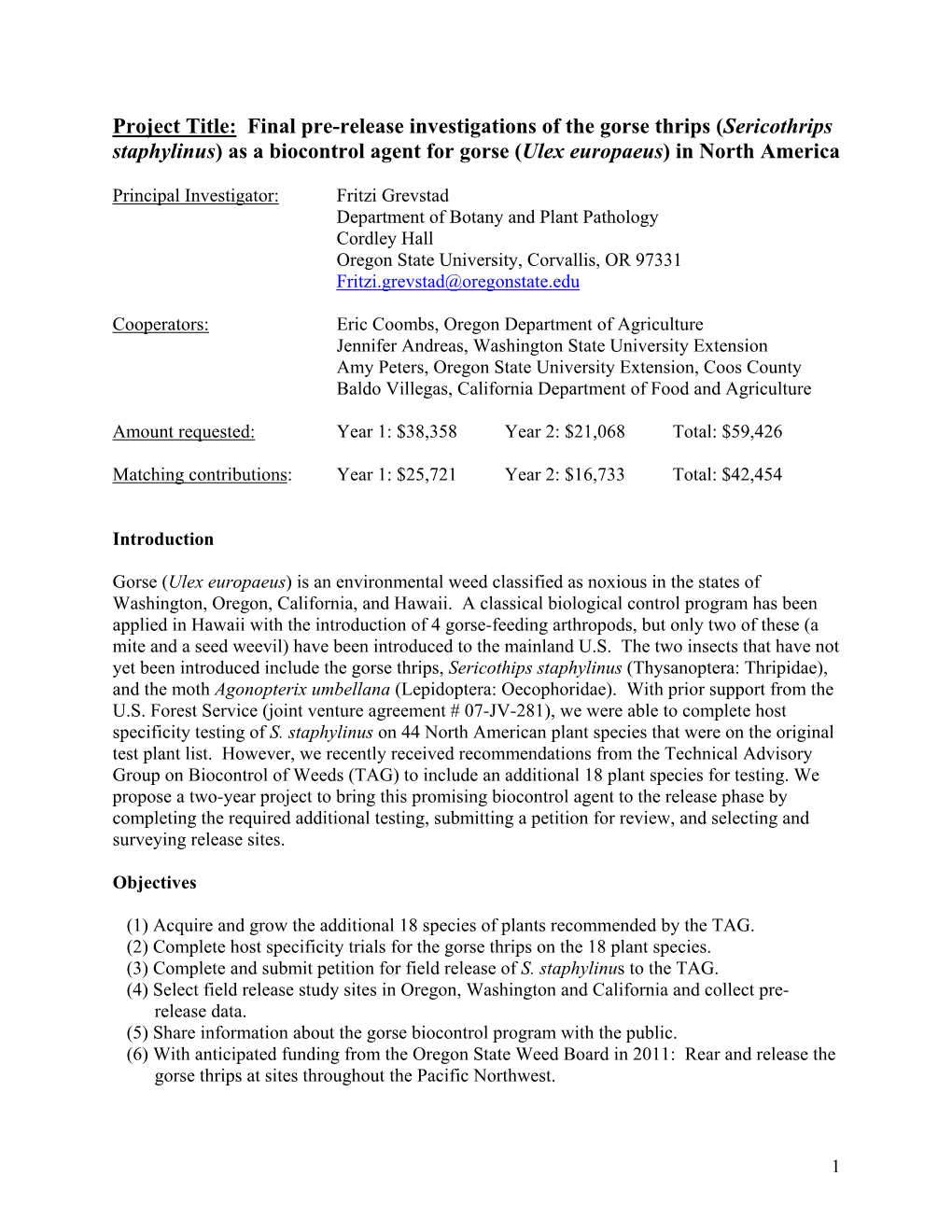 As a Biocontrol Agent for Gorse (Ulex Europaeus) in North America