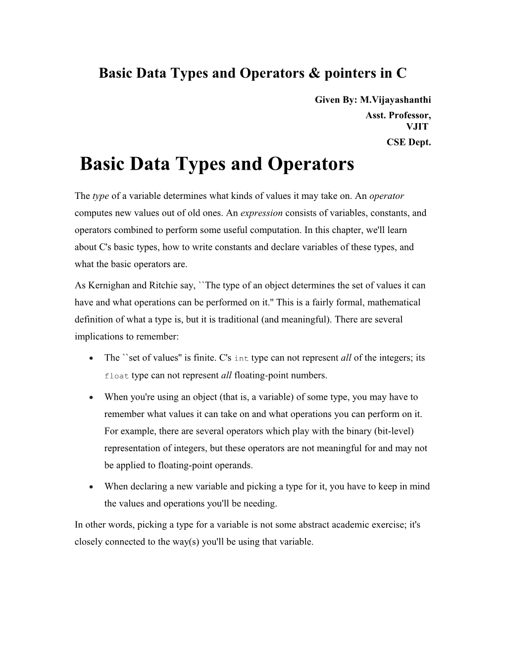 Basic Data Types and Operators & Pointers in C