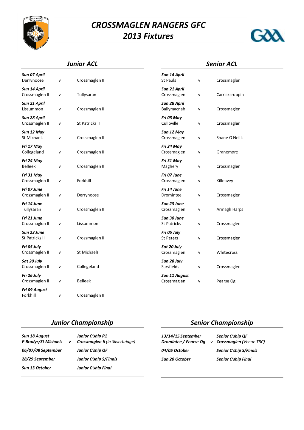 CROSSMAGLEN RANGERS GFC 2013 Fixtures