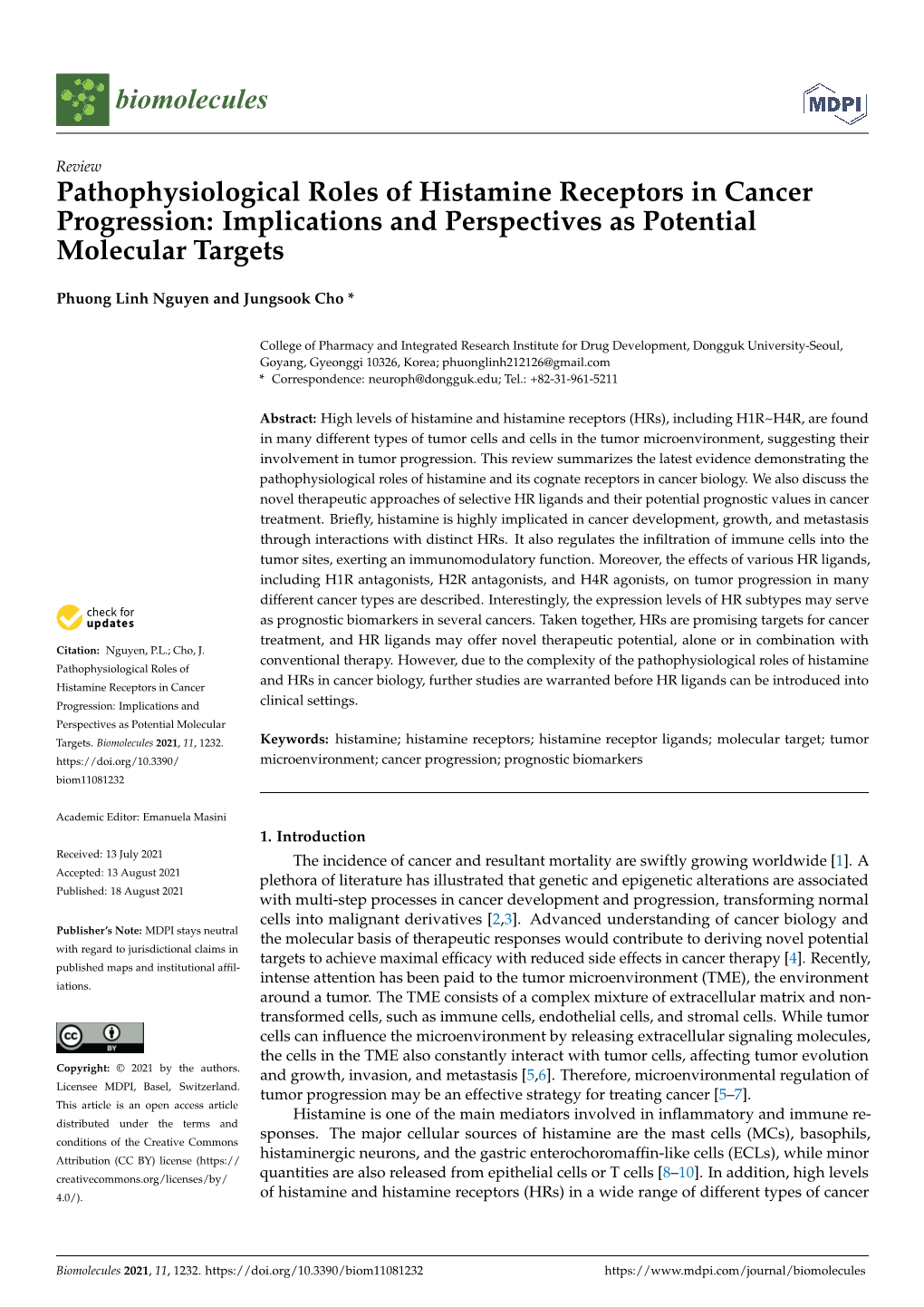 Pathophysiological Roles of Histamine Receptors in Cancer Progression: Implications and Perspectives As Potential Molecular Targets