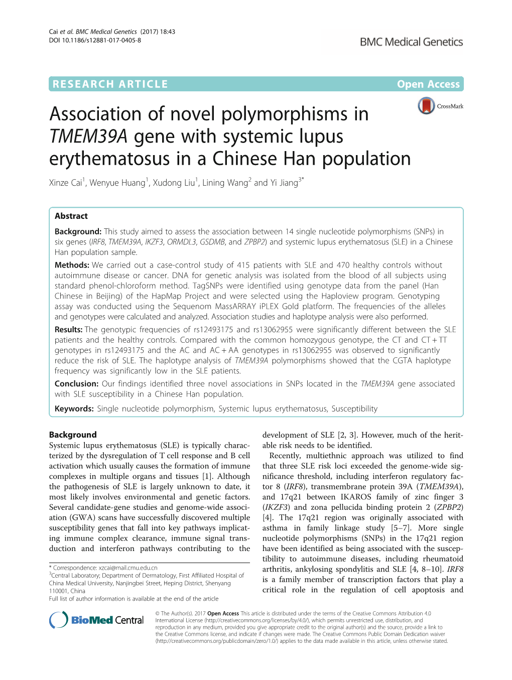 Association of Novel Polymorphisms in TMEM39A Gene with Systemic