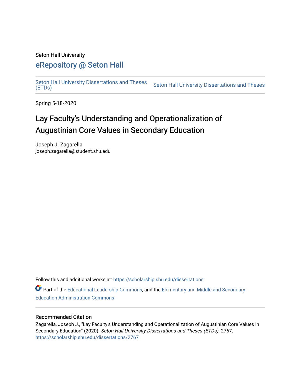 Lay Faculty's Understanding and Operationalization of Augustinian Core Values in Secondary Education