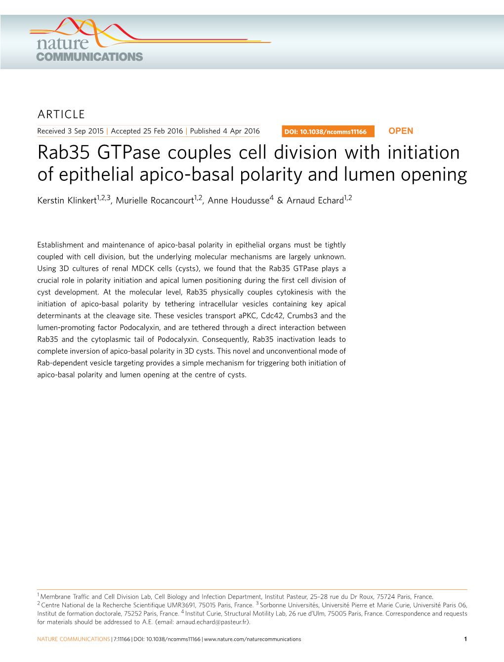 Rab35 Gtpase Couples Cell Division with Initiation of Epithelial Apico-Basal Polarity and Lumen Opening