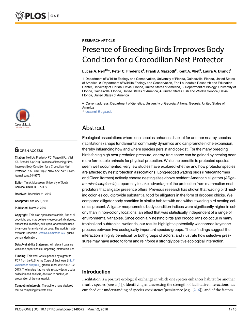 Presence of Breeding Birds Improves Body Condition for a Crocodilian Nest Protector