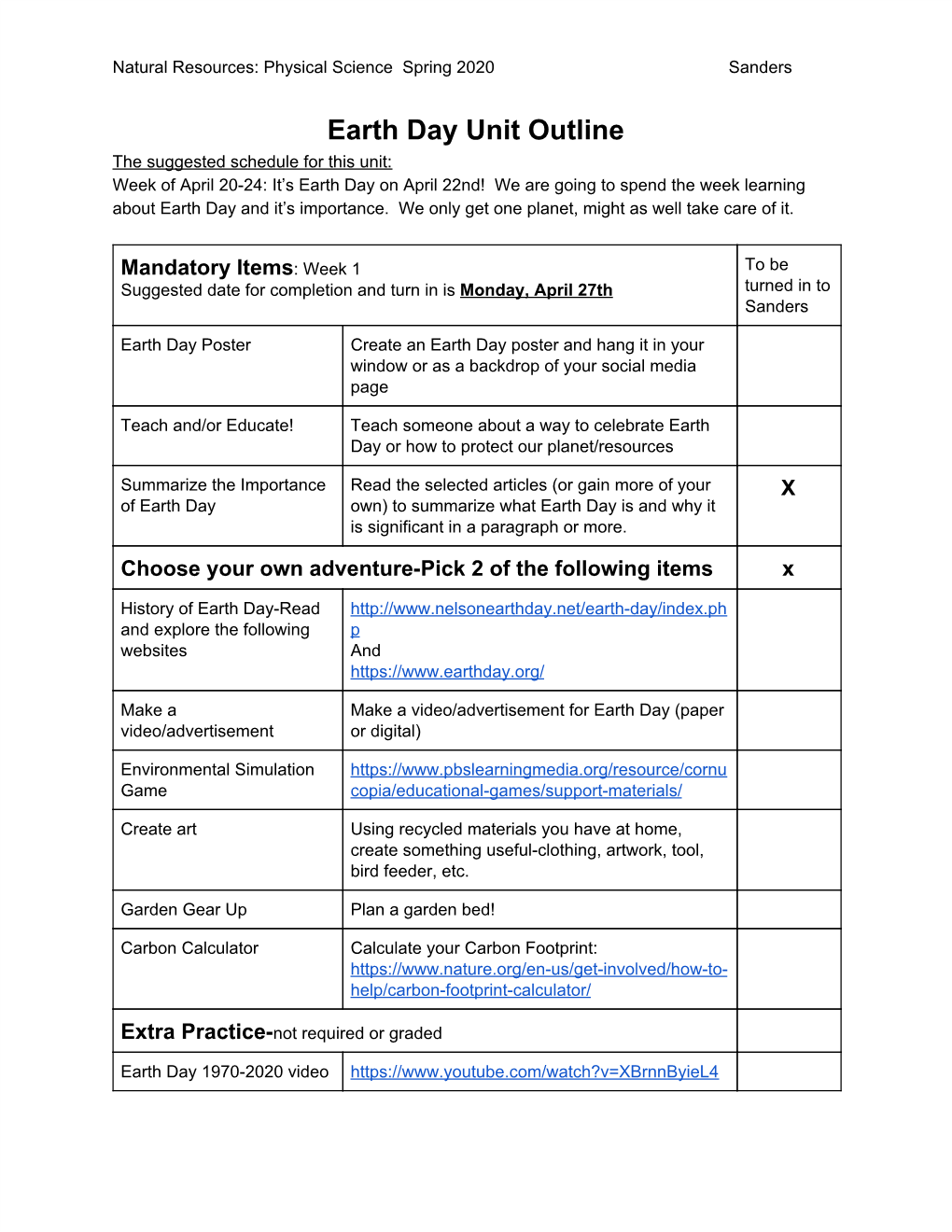 Earth Day Unit Outline