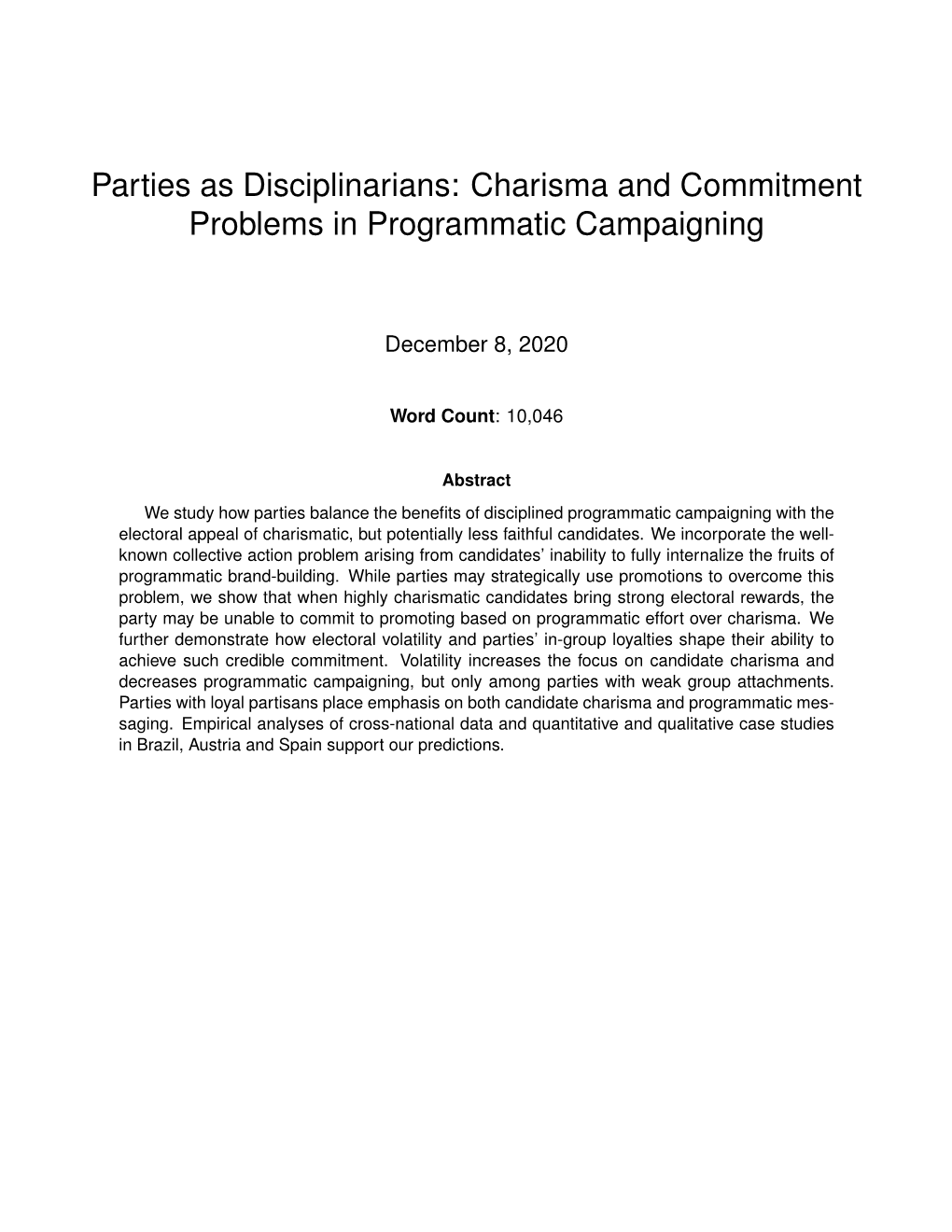 Parties As Disciplinarians: Charisma and Commitment Problems in Programmatic Campaigning