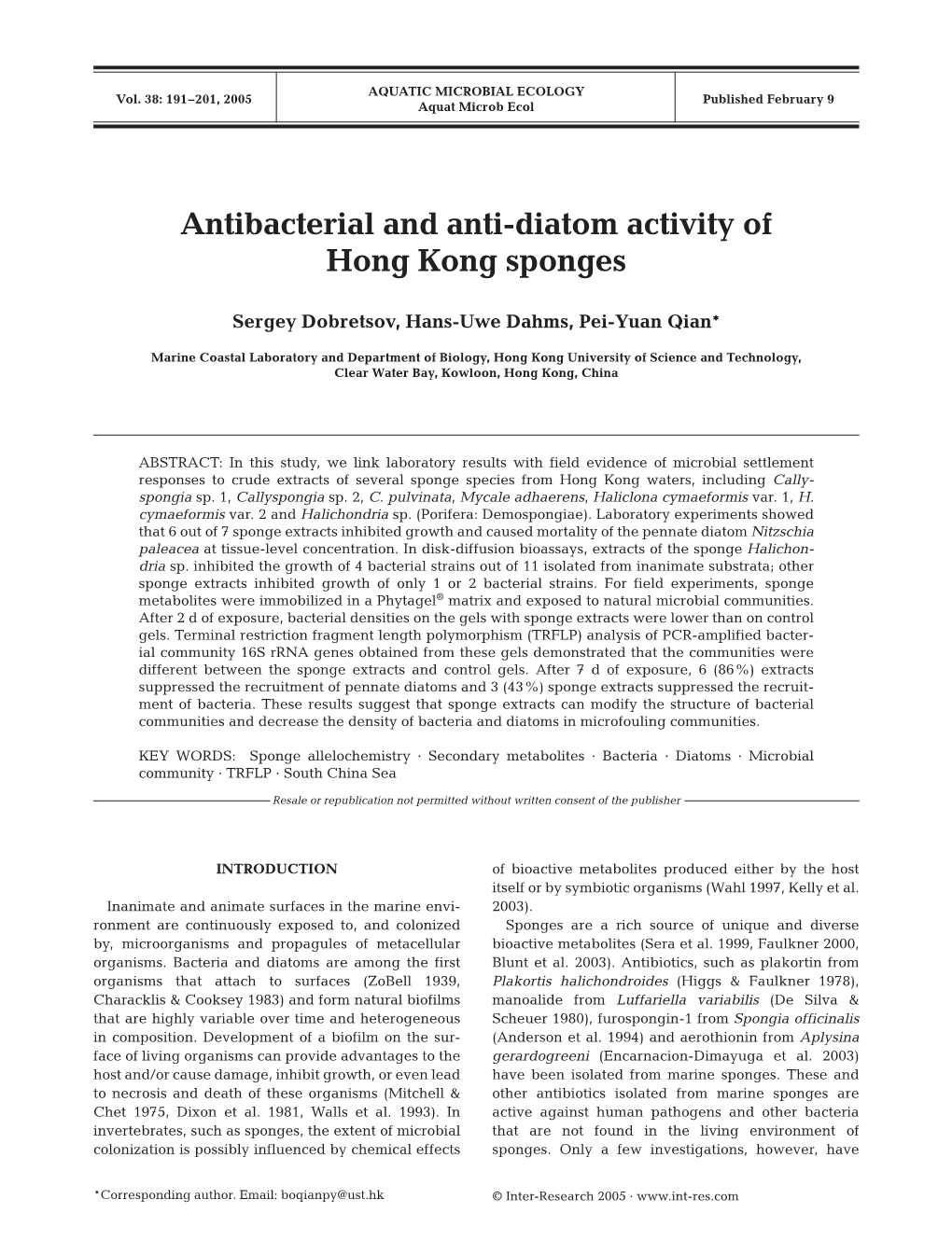 Antibacterial and Anti-Diatom Activity of Hong Kong Sponges