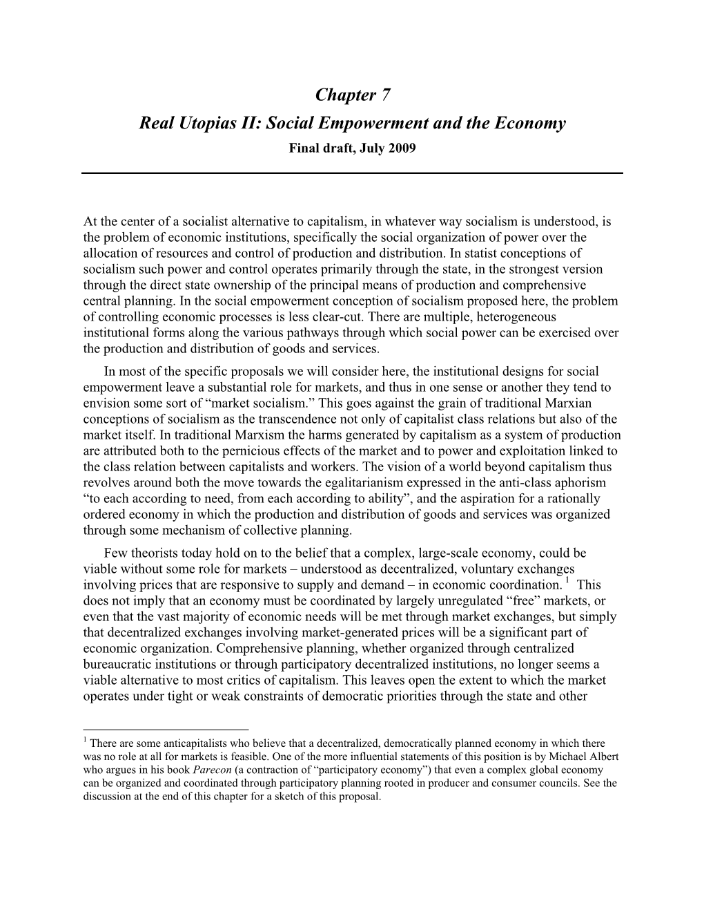 Chapter 7 Real Utopias II: Social Empowerment and the Economy Final Draft, July 2009