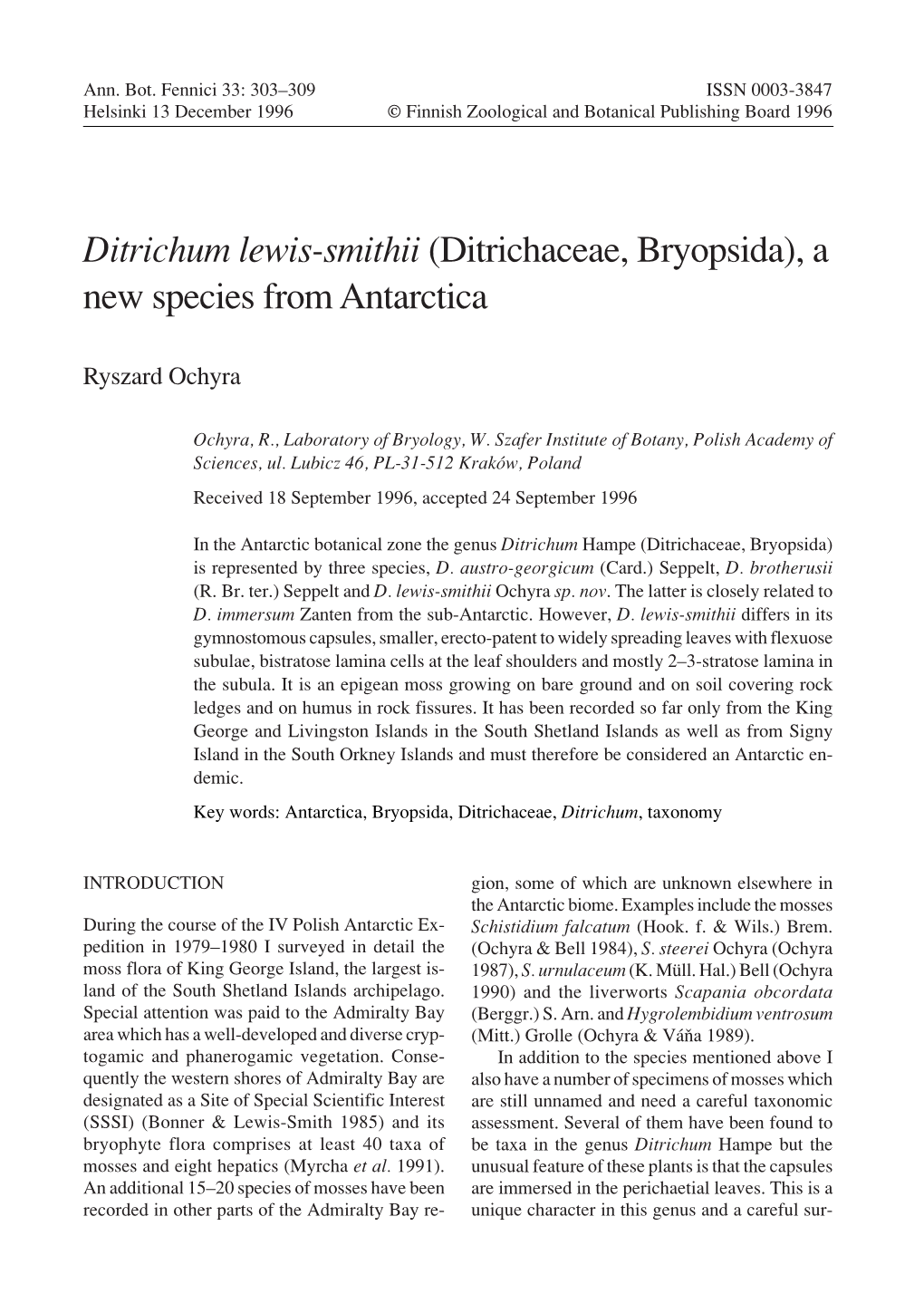 Ditrichum Lewis-Smithii (Ditrichaceae, Bryopsida), a New Species from Antarctica