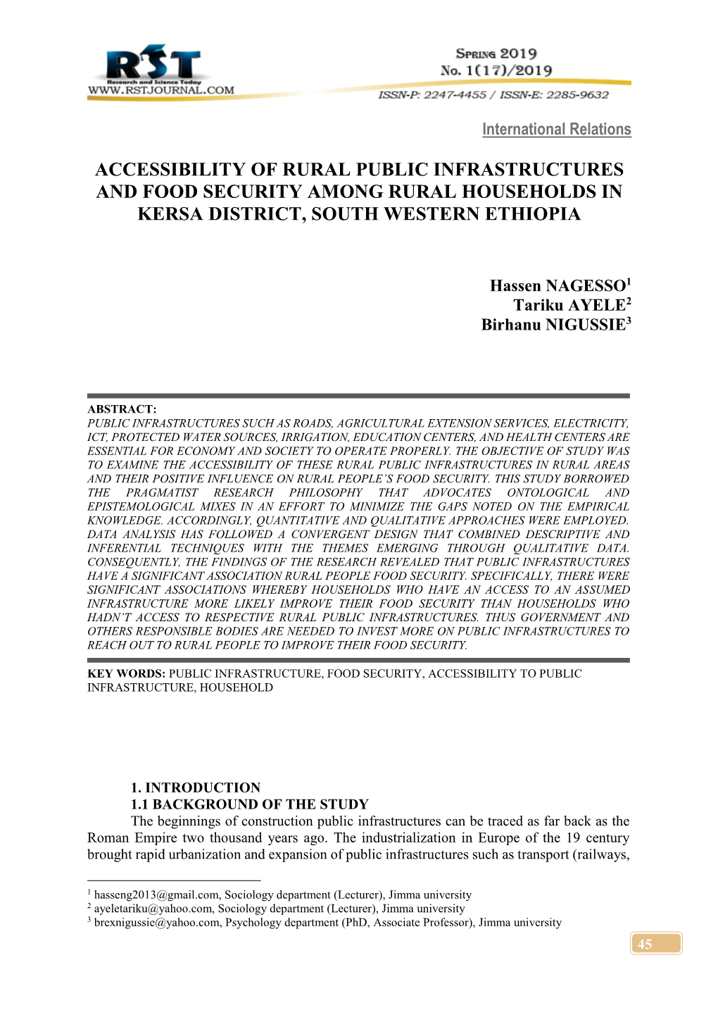 Accessibility of Rural Public Infrastructures and Food Security Among Rural Households in Kersa District, South Western Ethiopia