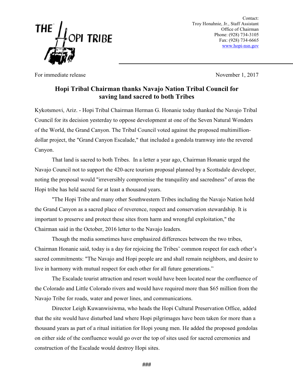 Hopi Tribal Chairman Thanks Navajo Nation Tribal Council for Saving Land Sacred to Both Tribes