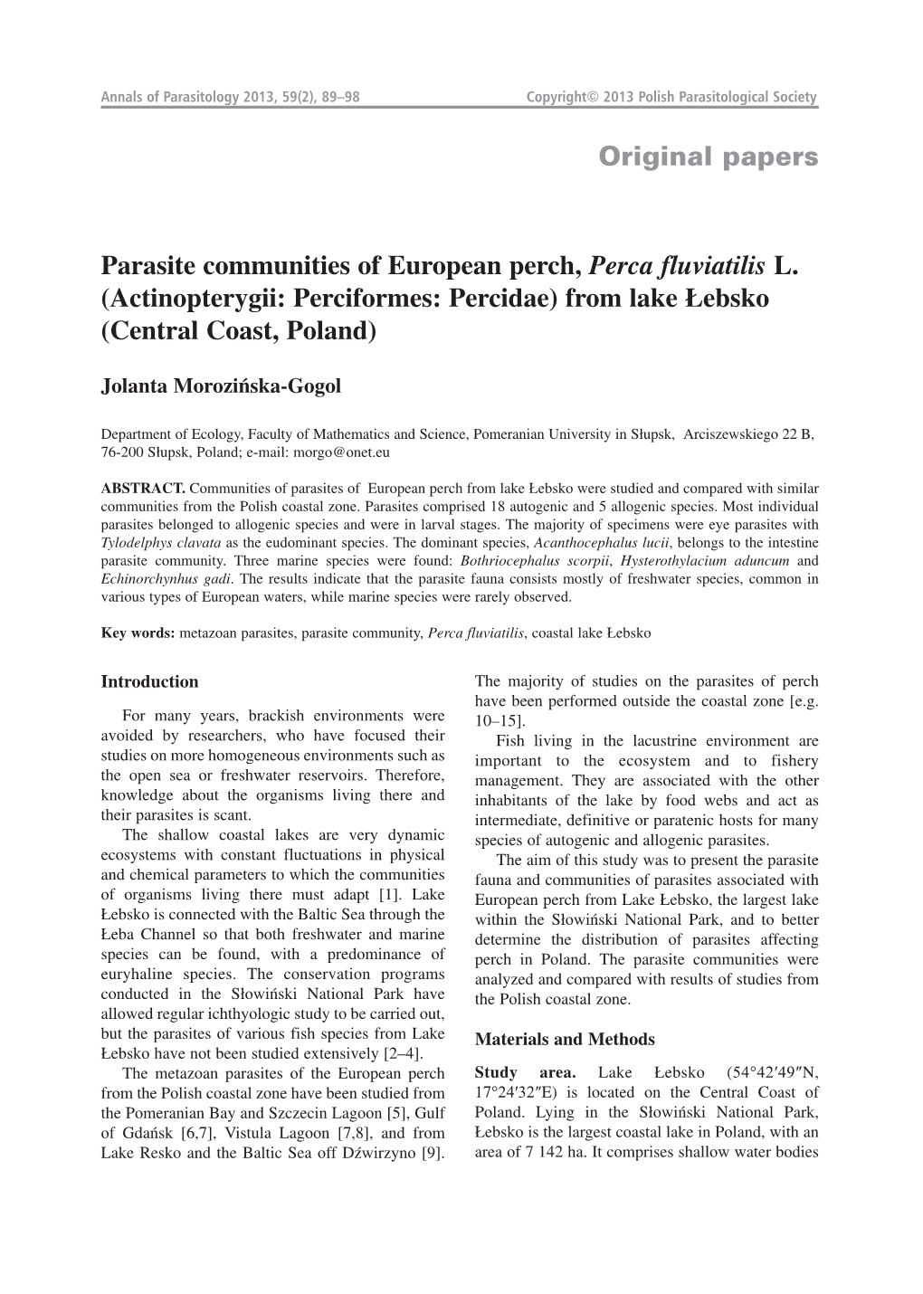 Original Papers Parasite Communities of European Perch, Perca Fluviatilis L