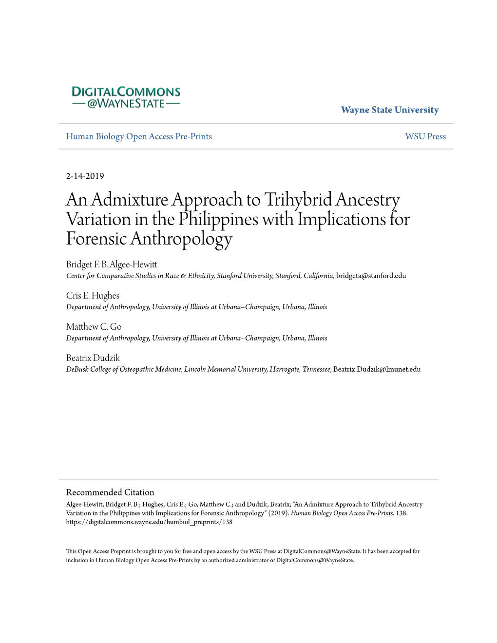 An Admixture Approach to Trihybrid Ancestry Variation in the Philippines with Implications for Forensic Anthropology Bridget F