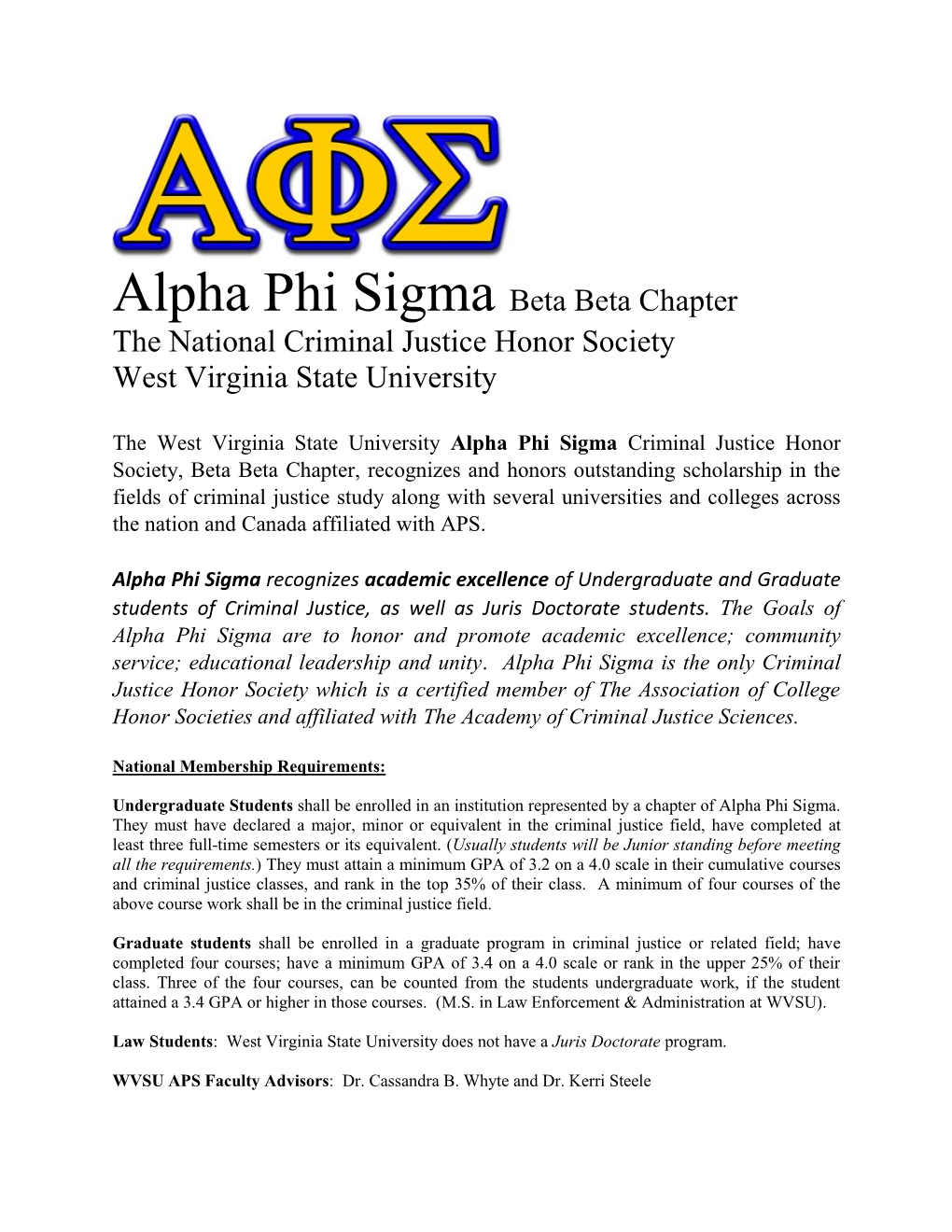 Alpha Phi Sigma Beta Beta Chapter the National Criminal Justice Honor Society West Virginia State University