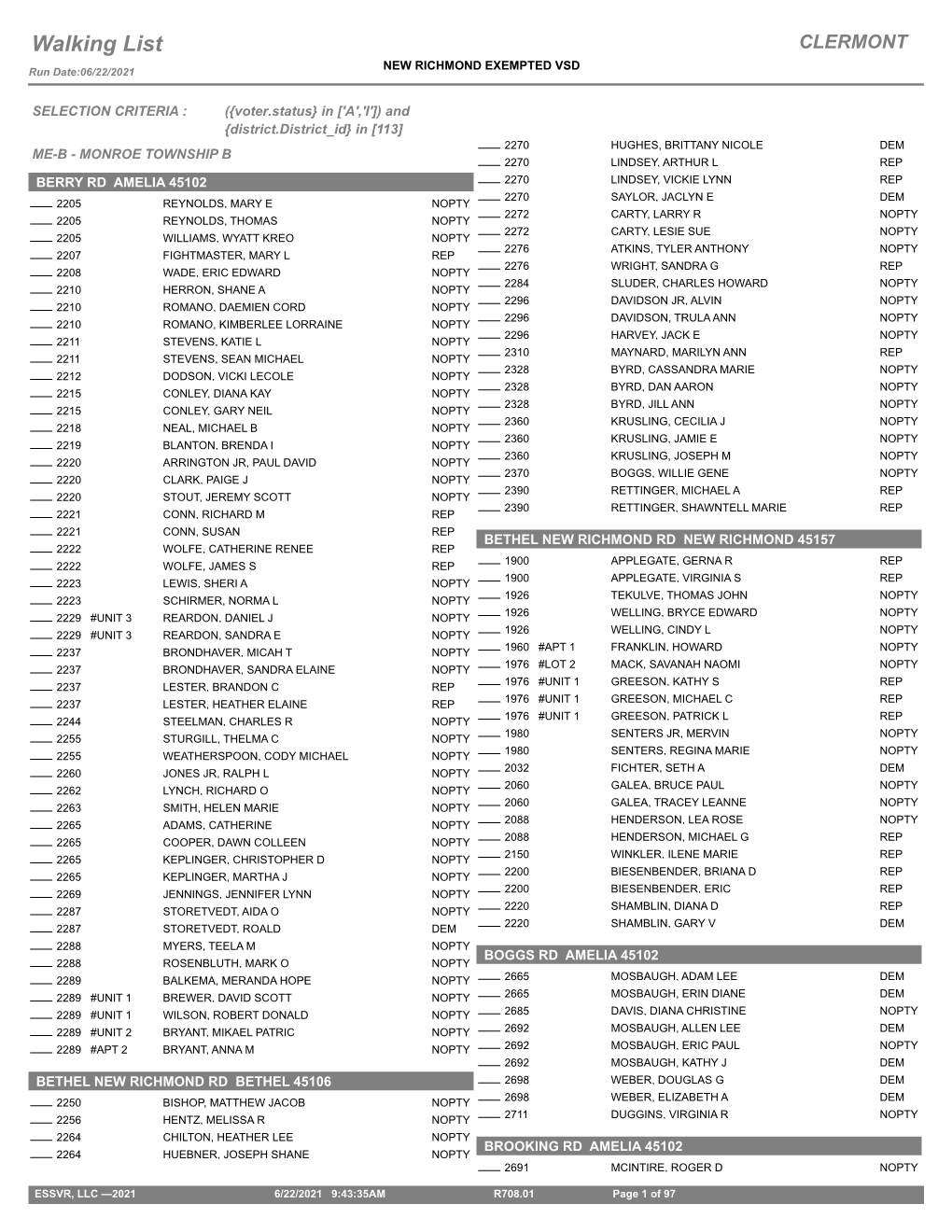 Walking List CLERMONT NEW RICHMOND EXEMPTED VSD Run Date:06/22/2021