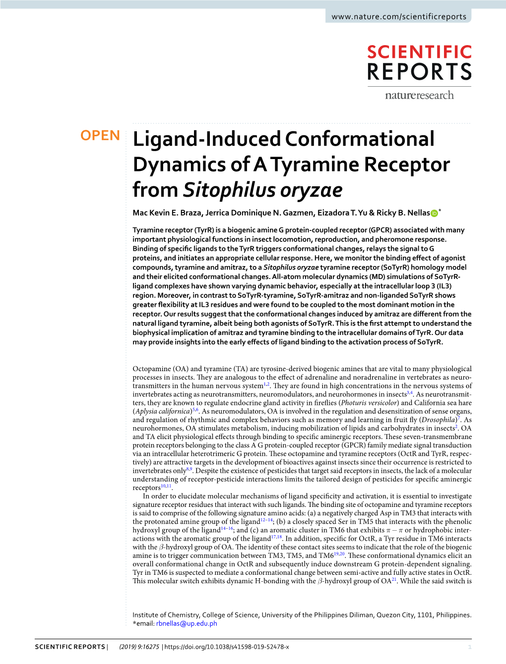 Ligand-Induced Conformational Dynamics of a Tyramine Receptor from Sitophilus Oryzae Mac Kevin E