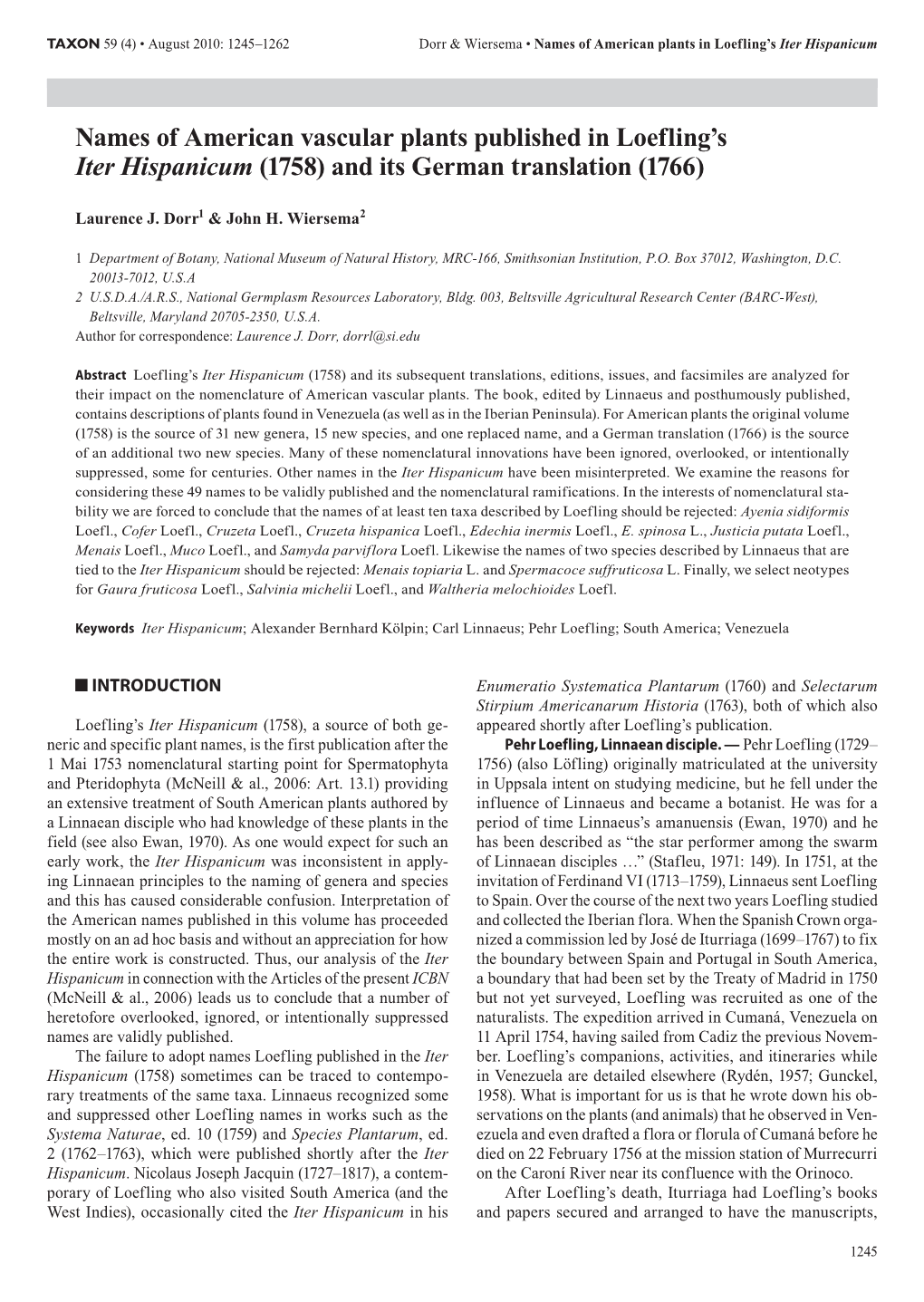 Names of American Vascular Plants Published in Loefling's Iter