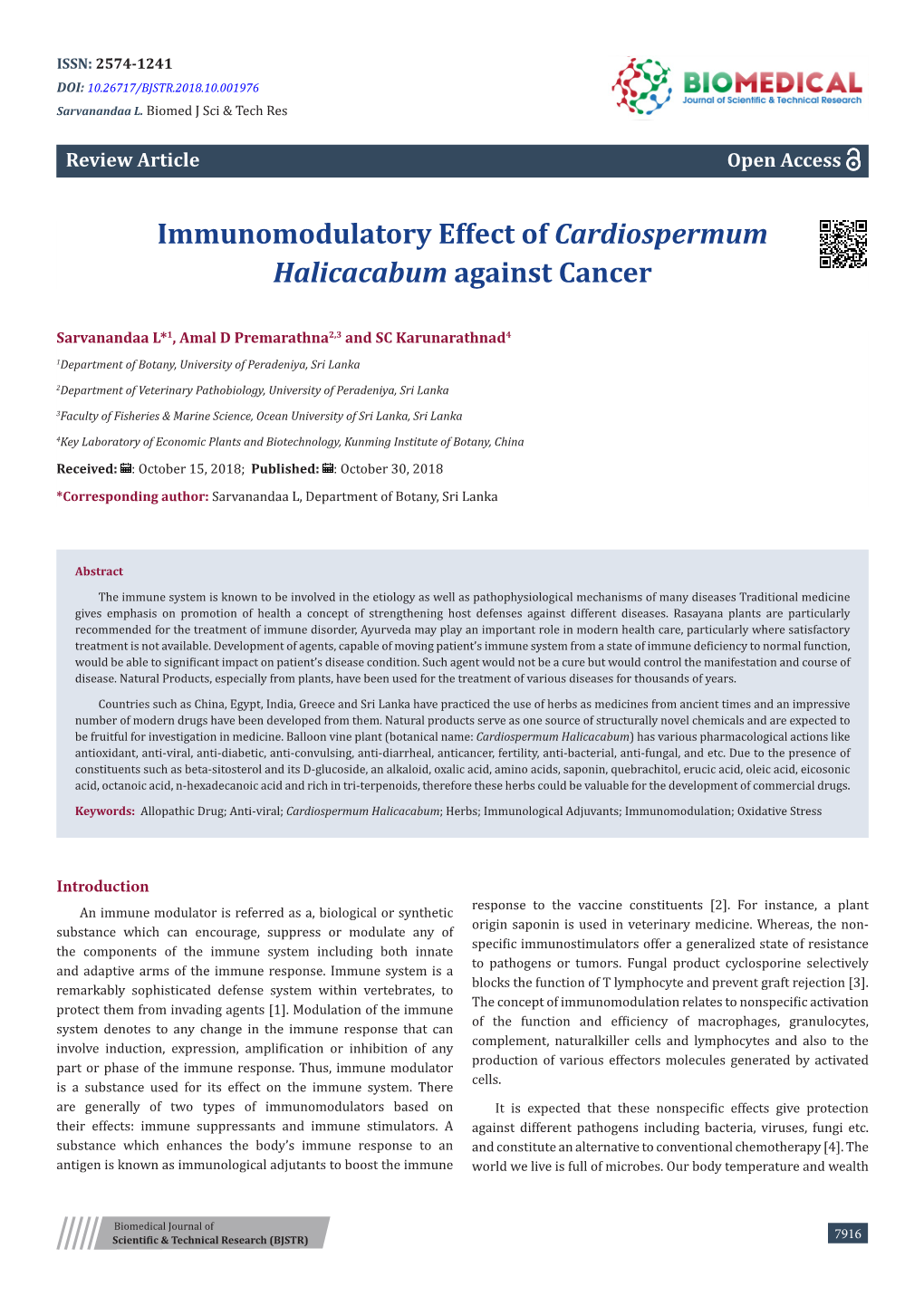 Immunomodulatory Effect of Cardiospermum Halicacabum Against Cancer