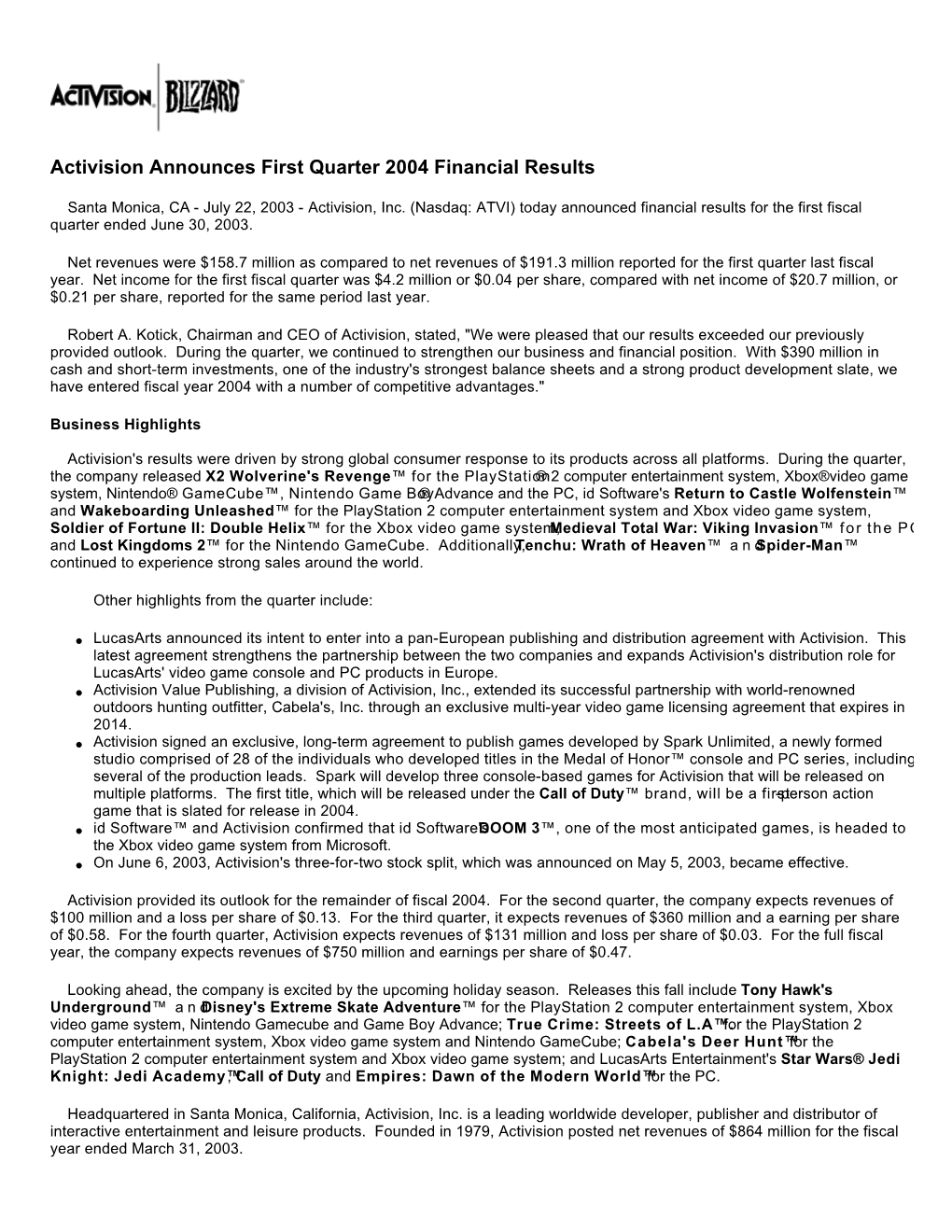 Activision Announces First Quarter 2004 Financial Results