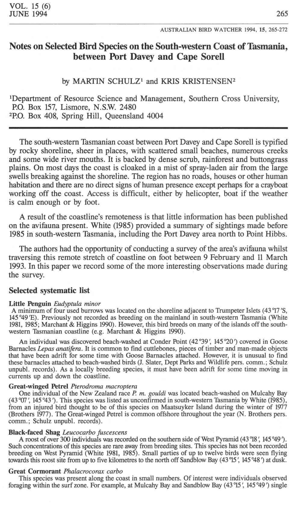 Notes on Selected Bird Species on the South-Western Coast of Tasmania, Between Port Davey and Cape Sorell