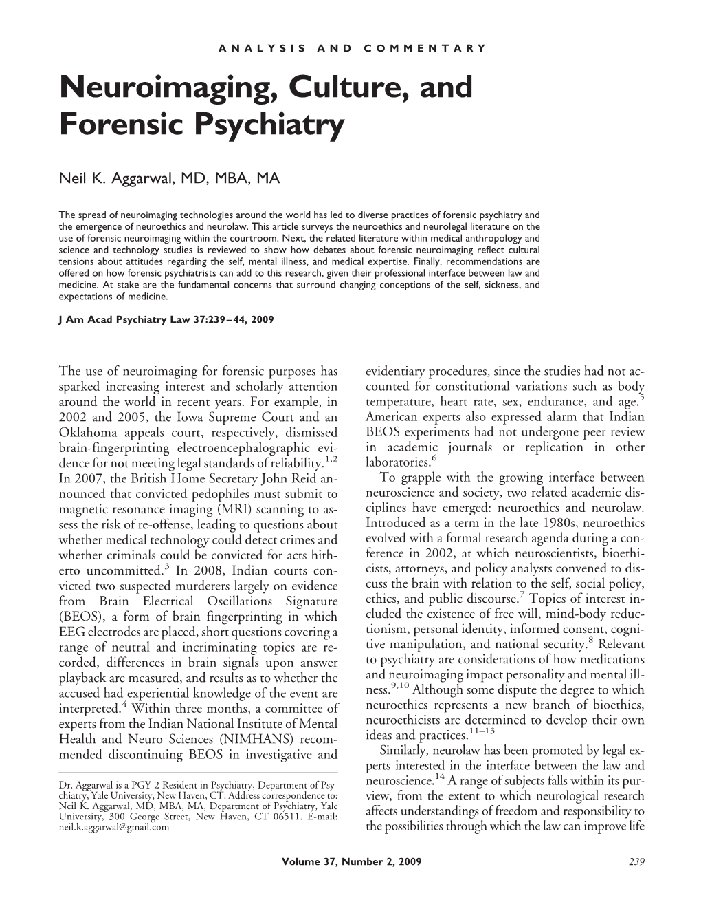 Neuroimaging, Culture, and Forensic Psychiatry
