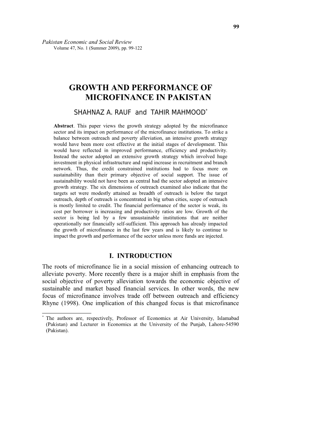 RAUF and TAHIR: Growth and Performance of Microfinance 121