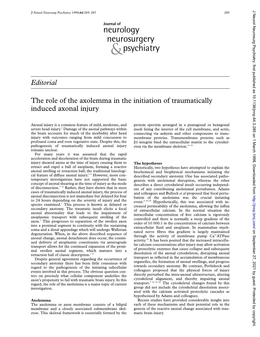 Editorial the Role of the Axolemma in the Initiation of Traumatically