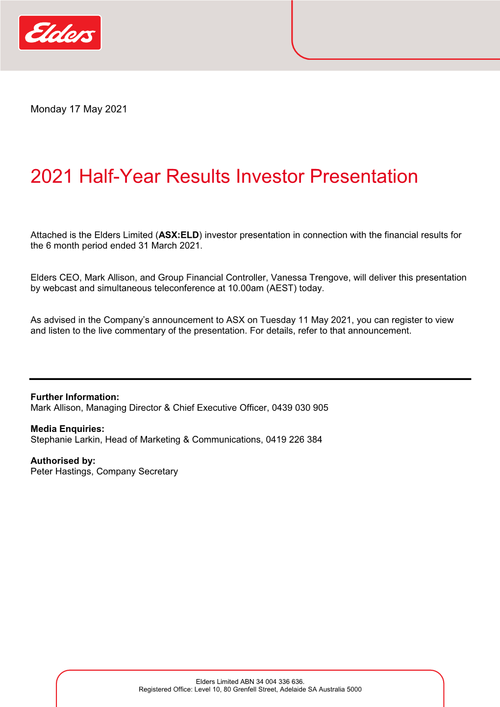 2021 Half-Year Results Investor Presentation