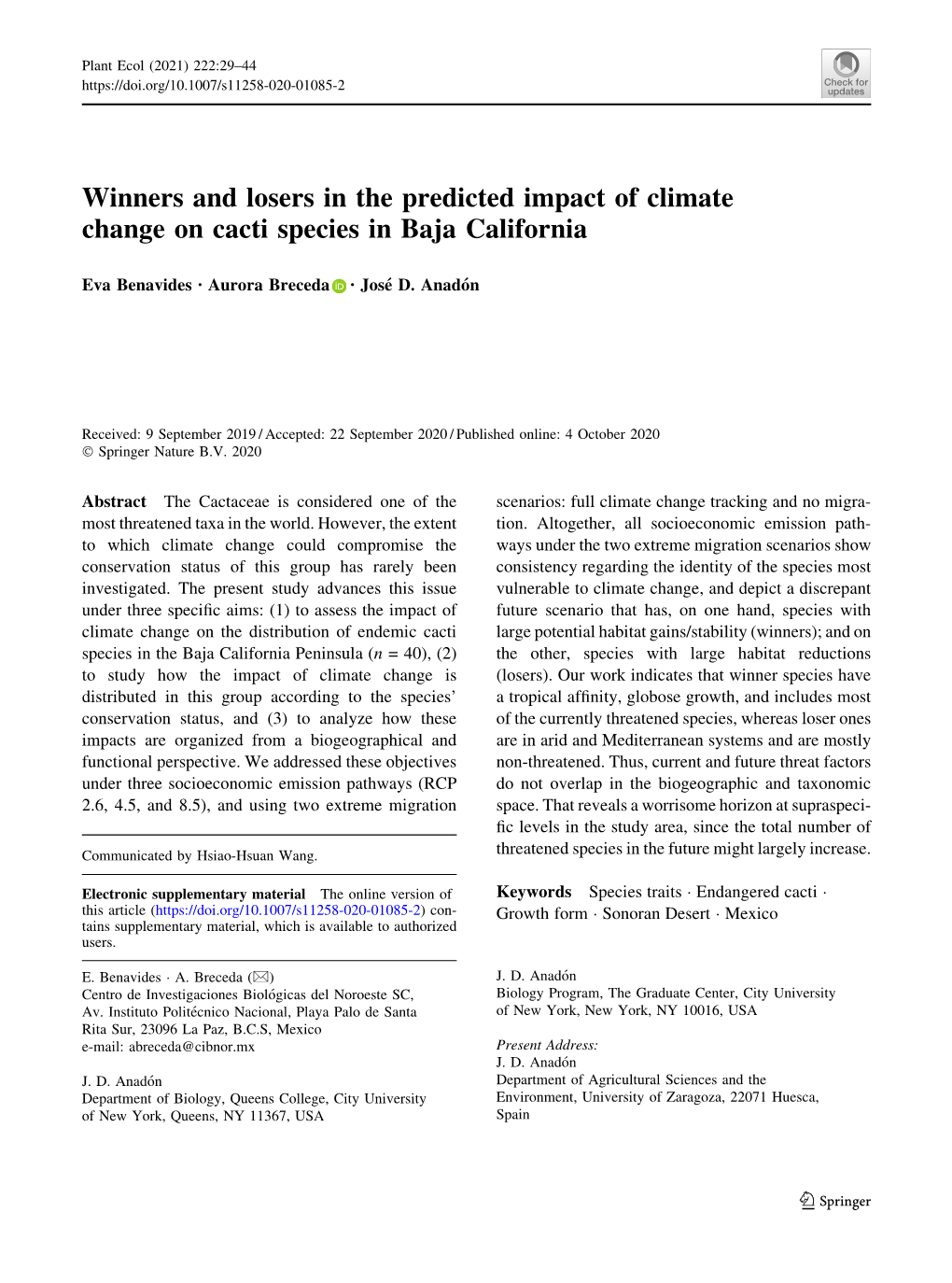 Winners and Losers in the Predicted Impact of Climate Change on Cacti Species in Baja California