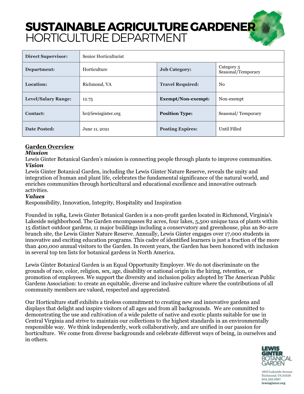 Sustainable Agriculture Gardener Horticulture Department