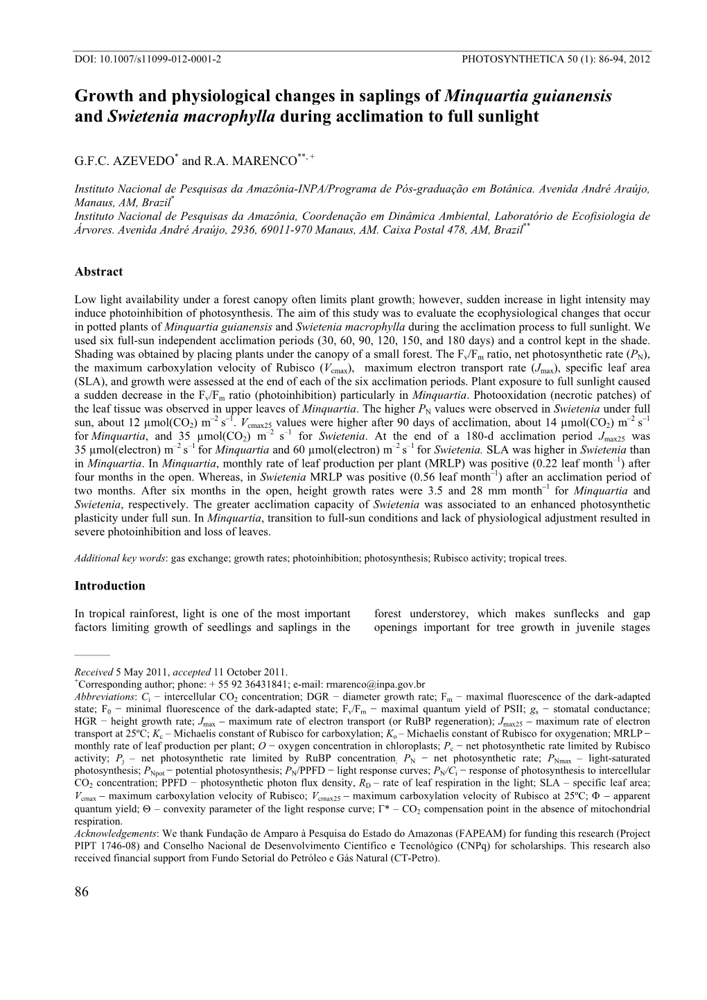 Growth and Physiological Changes in Saplings of Minquartia Guianensis and Swietenia Macrophylla During Acclimation to Full Sunlight