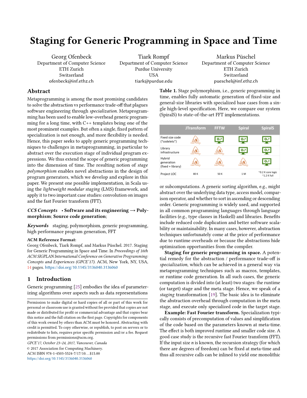 Staging for Generic Programming in Space and Time