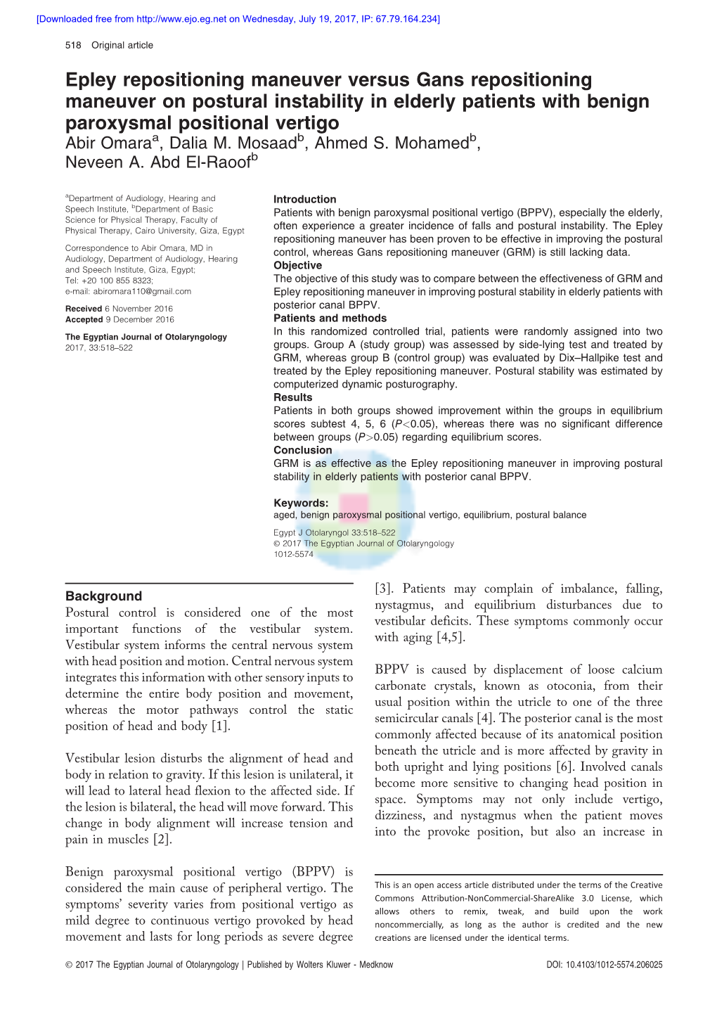 Epley Repositioning Maneuver Versus Gans Repositioning Maneuver On