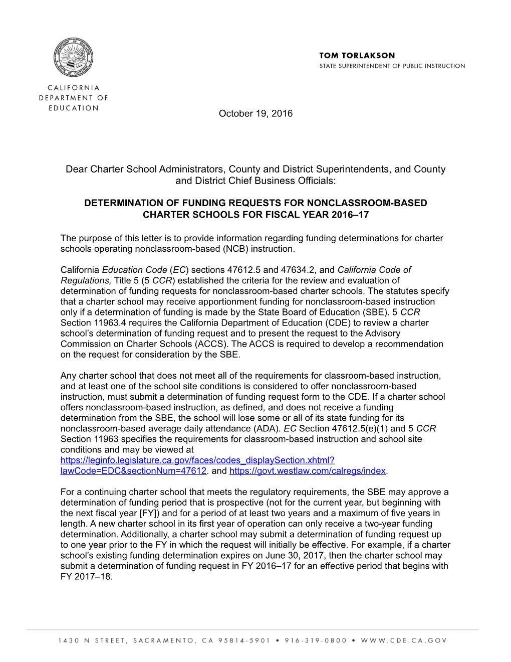 Funding Determination Requests Letter 2016-17 (CA Dept of Education)