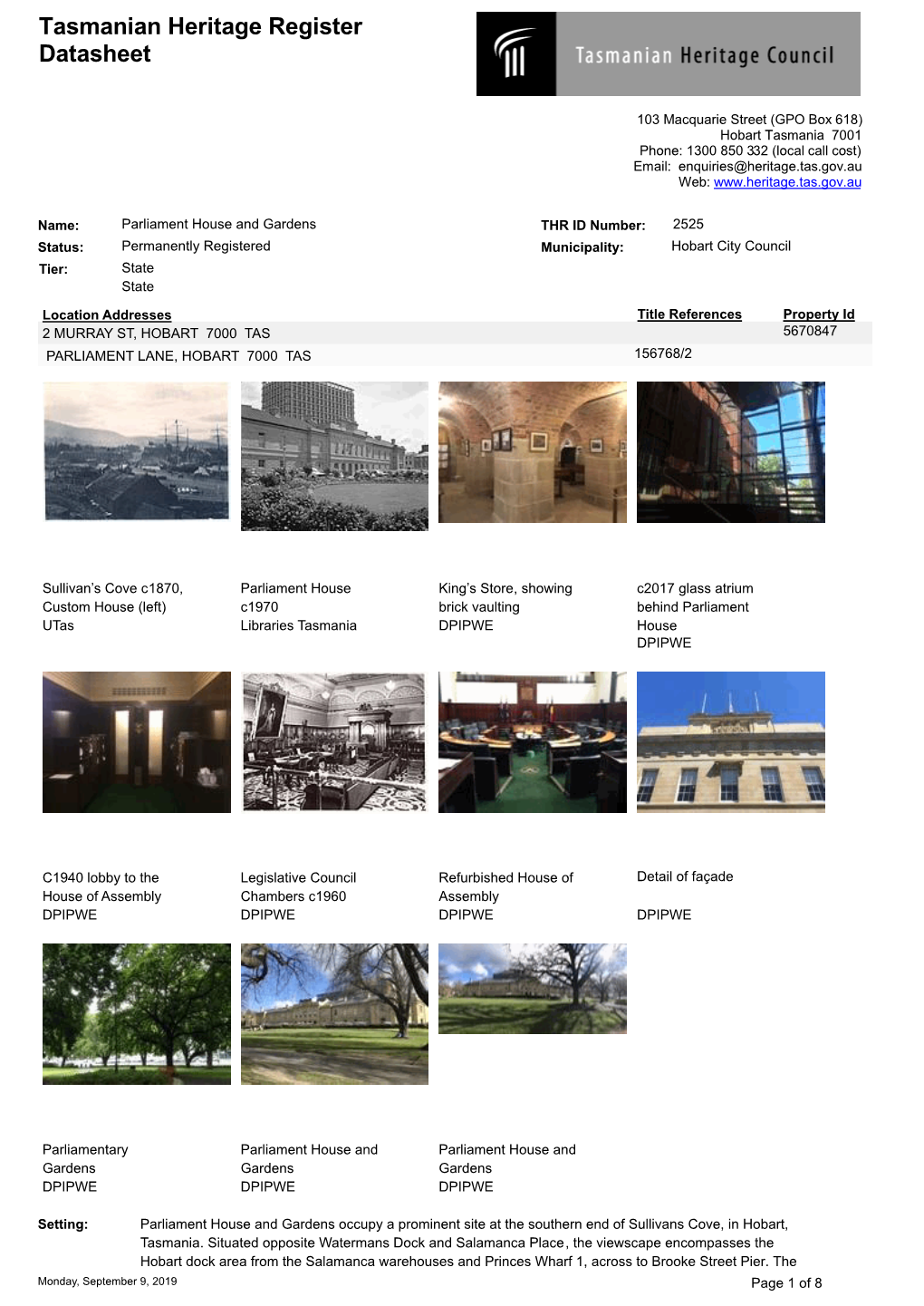 Tasmanian Heritage Register Datasheet