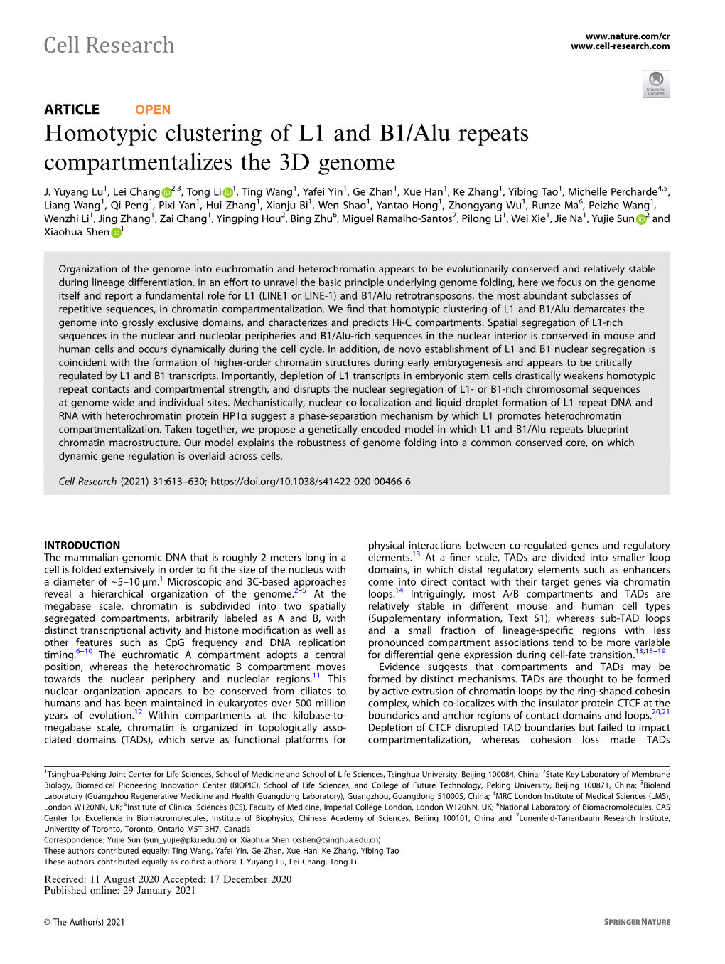 Homotypic Clustering of L1 and B1/Alu Repeats Compartmentalizes the 3D Genome